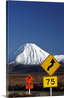 Road Signs On Desert Road And Mt. Ngauruhoe, Tongariro National Park, New Zealand