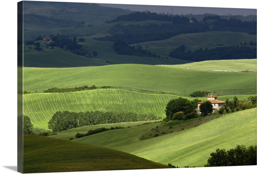 Rolling agricultural farm fields and dappled sunlight, Tuscany, Italy.