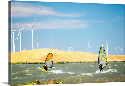 Sailboarders With Turbines Of Wind Farm In Background, Rio Vista, California