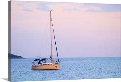 Sailboat Moored In The Bay Off Korcula At Sunset. Dalmatian Coast, Croatia