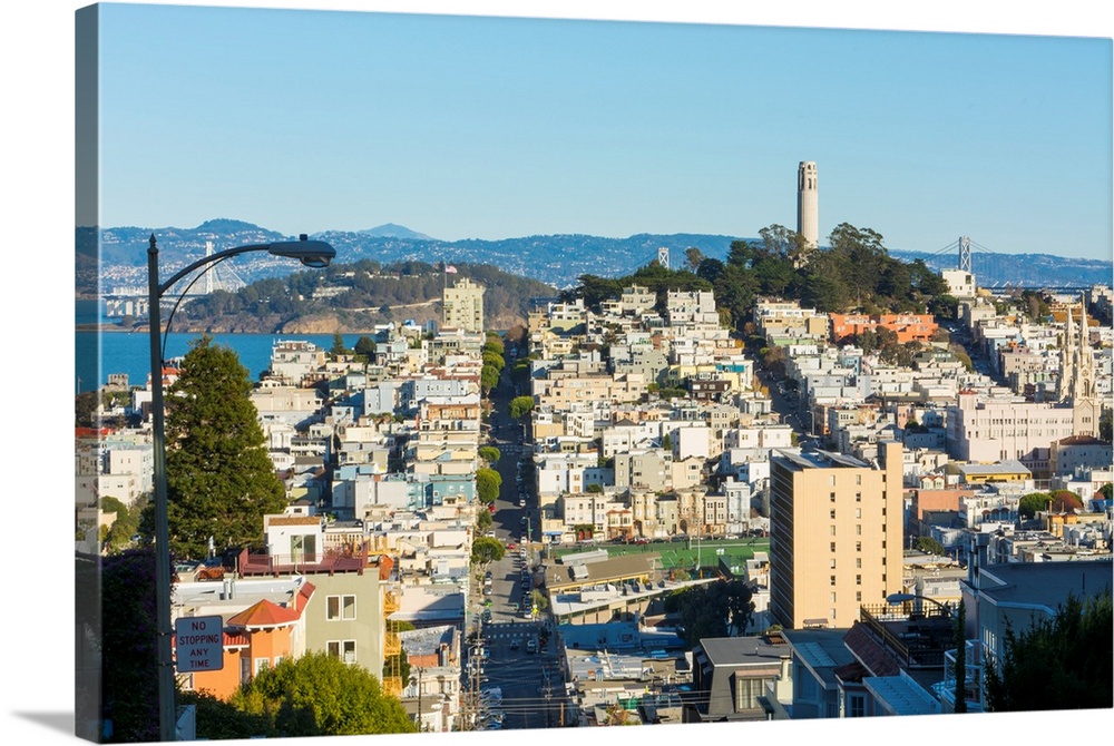 San Francisco California hills of the city and Coit Tower in sunshine with streets and bridges in the background from Lomb...