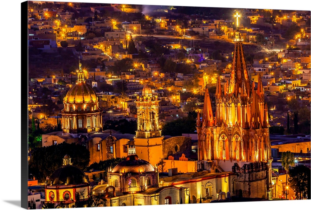 San Miguel de Allende, Mexico, Miramar Overlook Night Parroquia Archangel Church Close Up, Churches Houses.