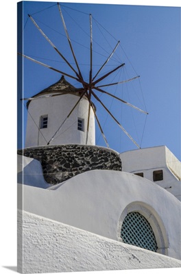 Santorini Windwill, White Washed Buildings And The Aegean Blue Sky
