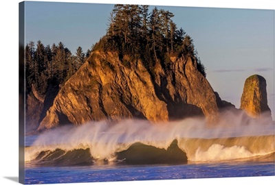 Sea Stacks And Waves At First Light On Rialto Beach, Olympic National Park, Washington