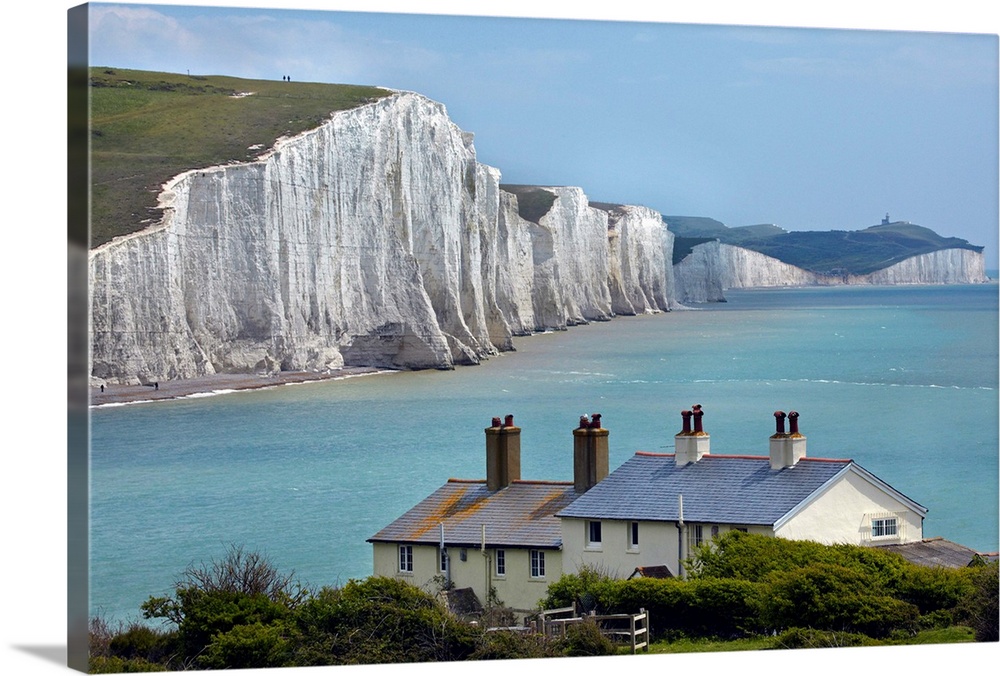 Seven Sisters Chalk Cliffs, and coastguard cottages, Cuckmere Haven, near Seaford, East Sussex, England, United Kingdom