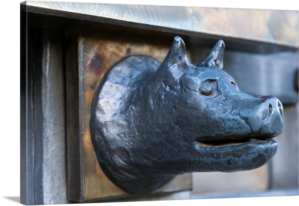 Detail of the she-wolf handle at the fence of Arch of Constantine, Arco di Costantino, Rome, Unesco World Heritage Site, L...