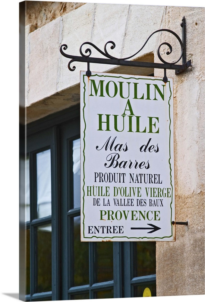 Sign to the olive oil shop.  Moulin Mas des Barres olive mill, Maussanes les Alpilles, Bouches du Rhone, Provence, France,...