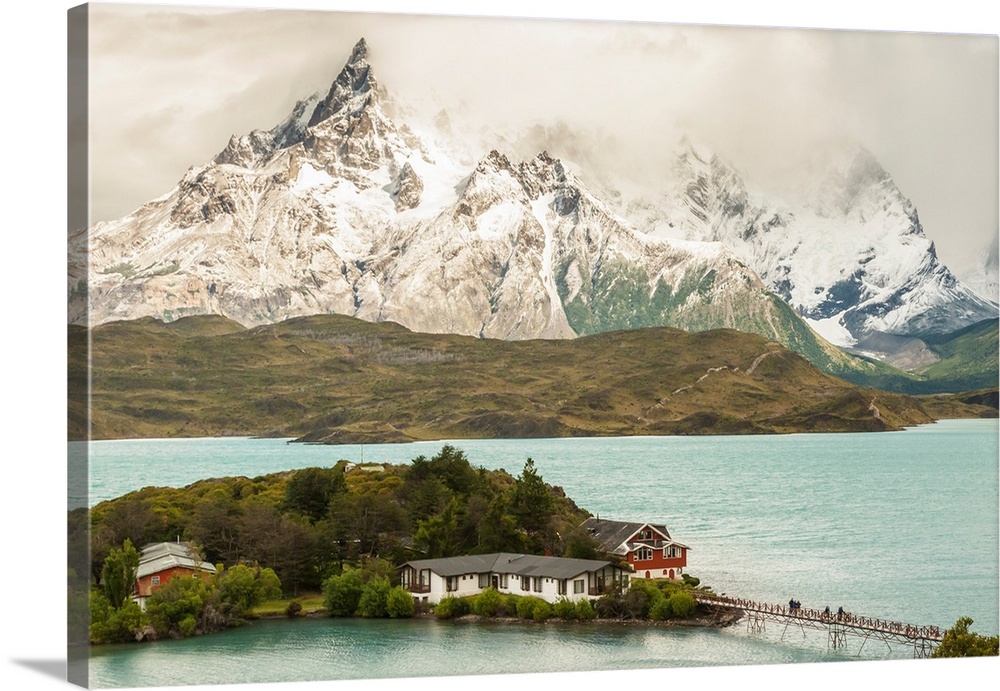 South America, Chile, Patagonia. Lake Pehoe Lodge and The Horns mountains.