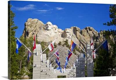 South Dakota, Mount Rushmore National Memorial with flags in foreground