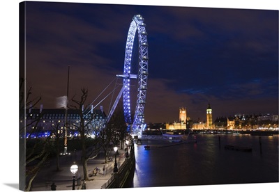 Southbank, The London Eye And Houses Of Parliament, Evening