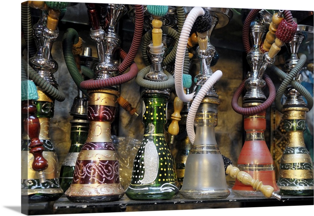 Spain, Andalusia, Granada. Moroccan hookahs for sale in a small shop.