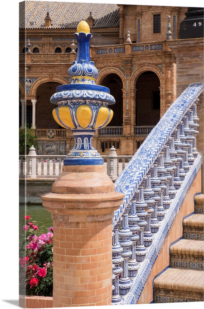 Spain, Andalusia, Seville. Plaza de Espana, built for the Ibero-American exposition in 1929, is ornately styled in both Mo...