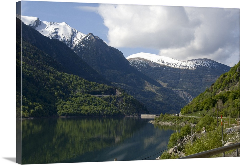 Spain, Catalonia, Pyrenees Mountains. View of lake and dam from mountian road.