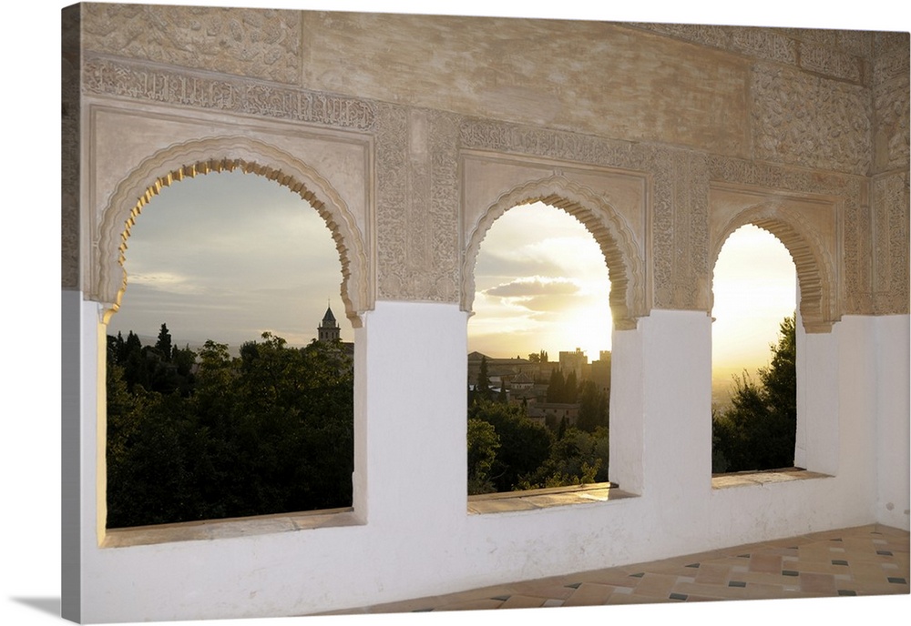 Spain, Andalusia, Granada. Arched windows in the Patio de la Acequia, Generalife, The Alhambra.