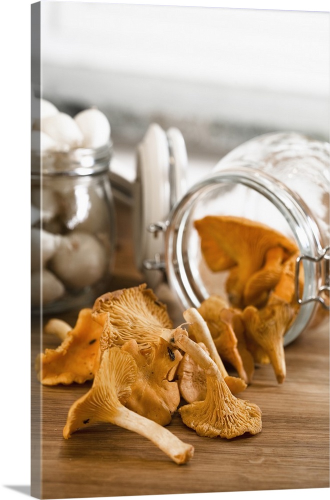 Stockholm, Sweden - Closeup of dried mushrooms coming from a jar that's lying on a countertop. Vertical shot.