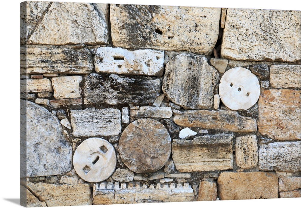 Turkey, southwestern Turkey, Denizli Province, River Menderes valley, Pamukkale, stone wall made from various pieces of ru...