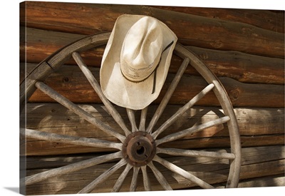 Straw hat and a wagon wheel left from the mule train in Yosemite