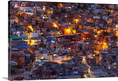 Street Lights Add Ambience To This Twilight Village Scene, Guanajuato, Mexico