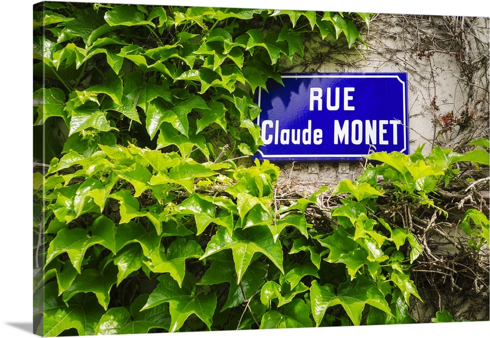 Street sign and ivy covered wall, Giverny, Normandy, France.