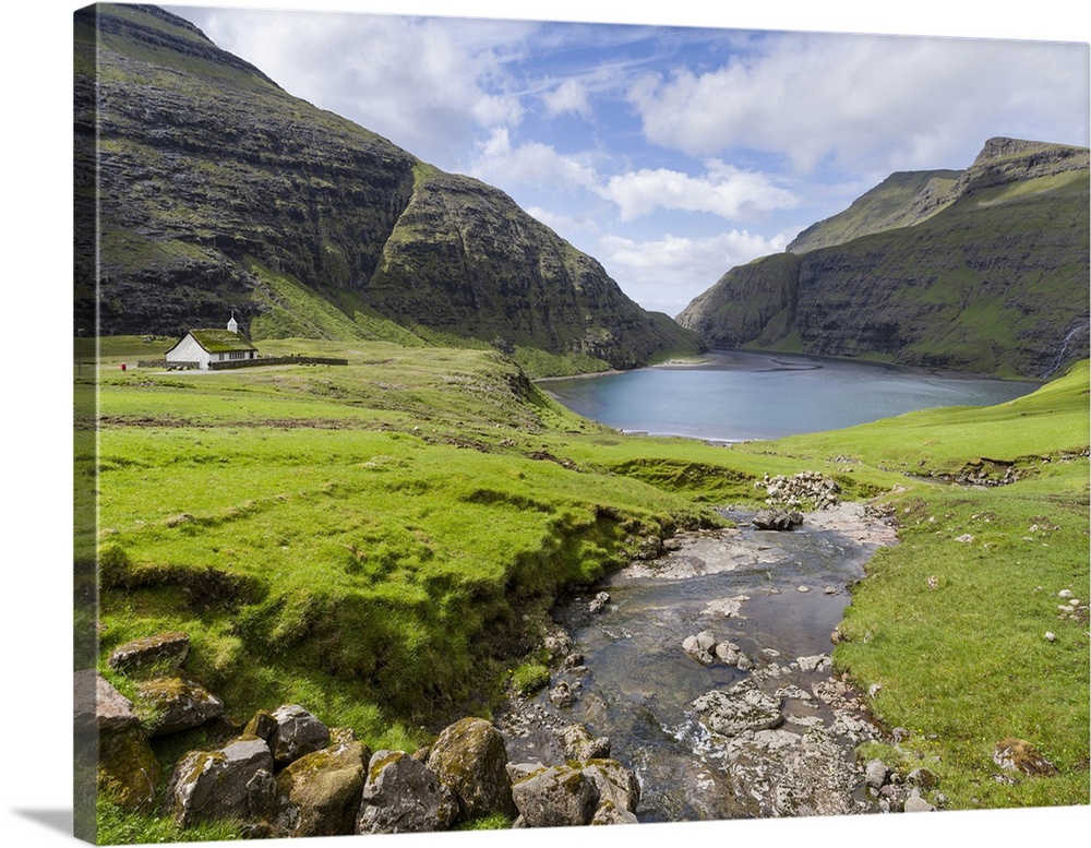 The valley of Saksun, one of the main attractions of the Faroe Islands. The island Streymoy, one of the two large islands ...