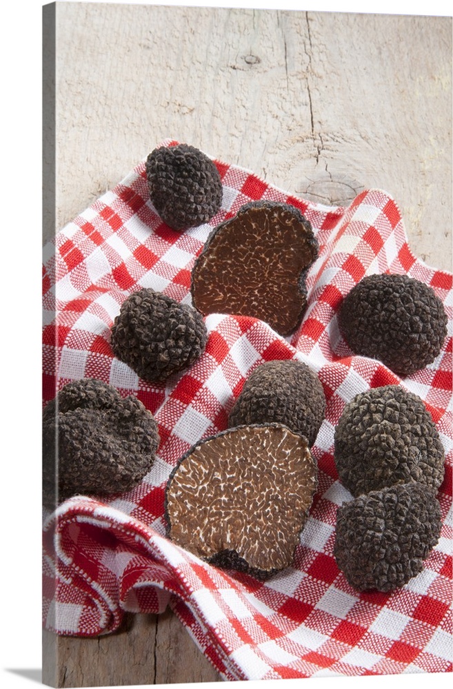 Summer black truffles (Tuber aestivum) on a napkin.