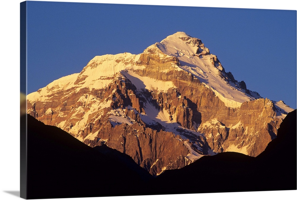 Sunrise on east face of 22,841' Cerro Aconcagua, highest mountain in the Andes, viewed from the Vacas Valley, Argentina.