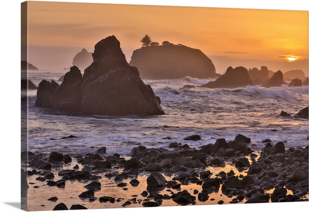 Sunset and sea stacks along Northern California coastline, Crescent City
