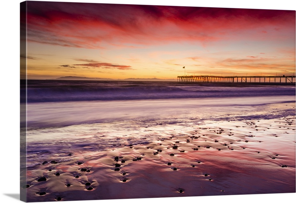 Sunset over the Channel Islands and Ventura Pier from San Buenaventura State Beach, Ventura, California