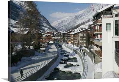 Switzerland, Wallis, Valais, Zermatt: Ski Chalets Along The Mattervispa River