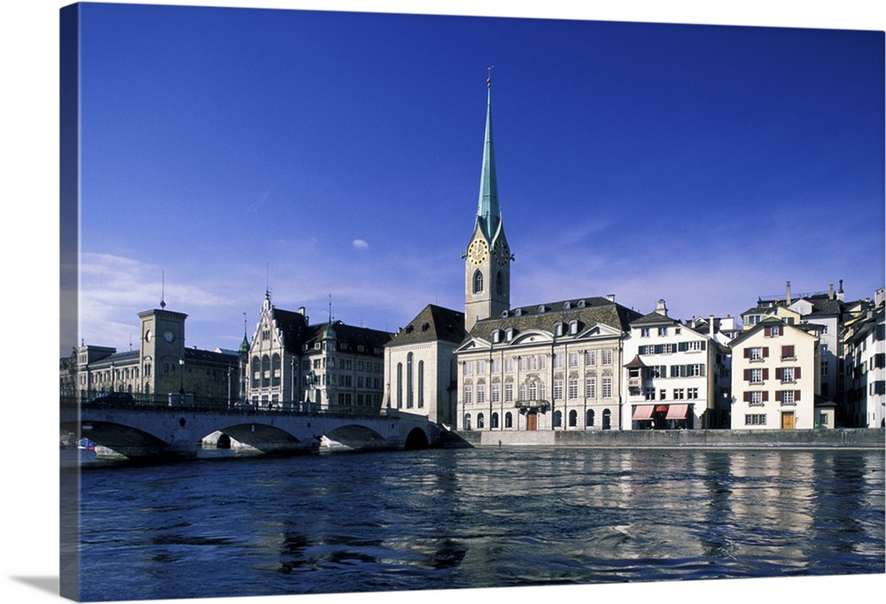 Europe, Switzerland, Zurich. View of Fraumunster Church and Limmat River