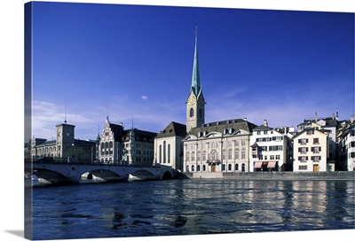 Switzerland, Zurich. View Of Fraumunster Church And Limmat River