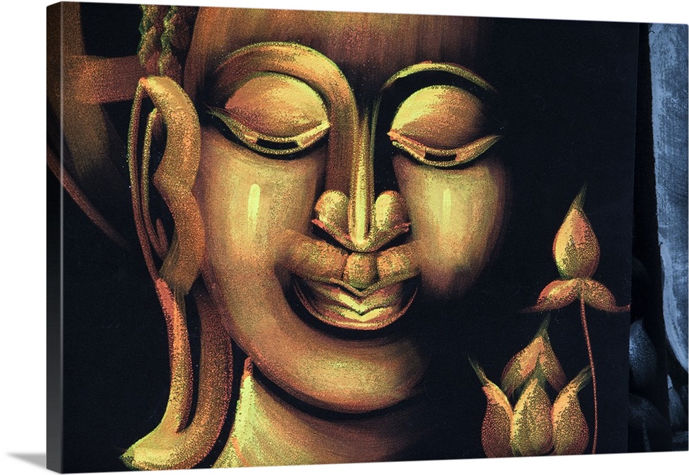 Thailand, Samui Island, Ko Samui. Traditional handicrafts, hand painted Buddha face on black velvet.