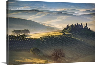 The Belvedere Farmhouse At Sunrise, Italy, Tuscany, Val D' Orcia