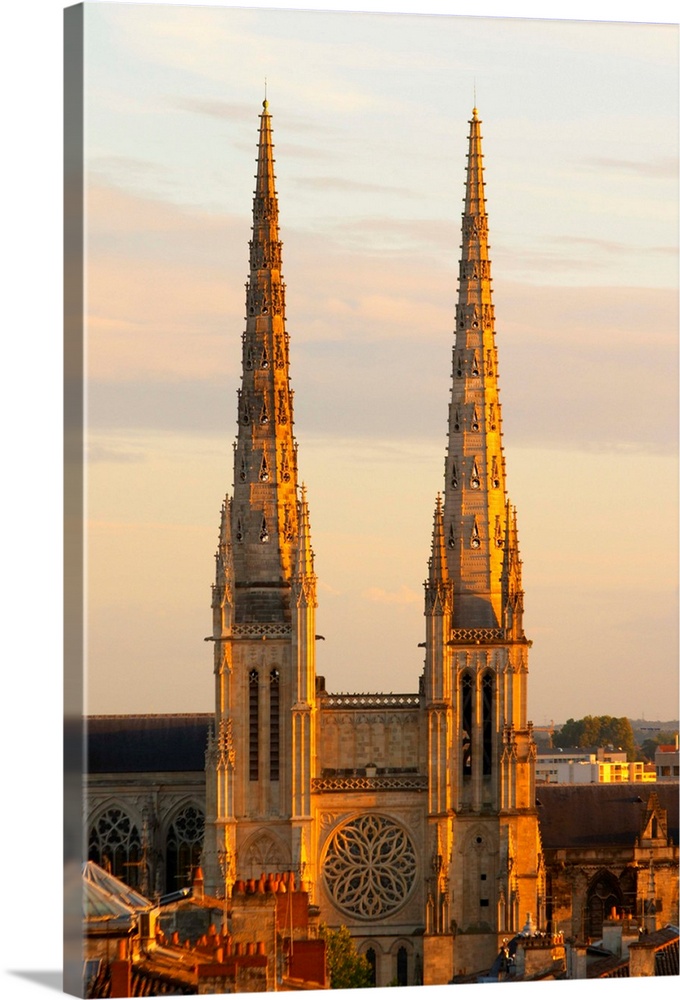 The cathedral Saint Andre in Bordeaux, 11th-12th century, with its majestic twin gothic towers at sunset, view over the ro...