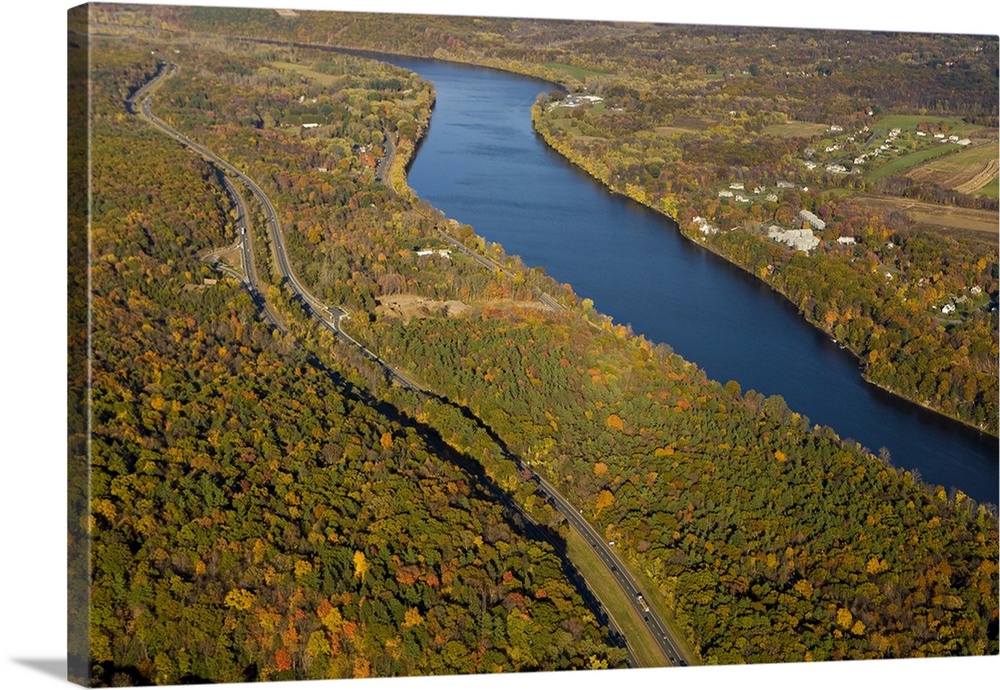 The Connecticut River in Holyoke and South Hadley, Massachusetts.  Interstate 91 parallels the river.