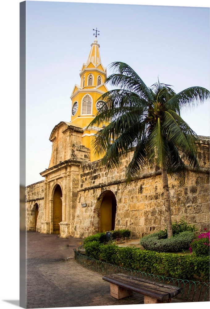South America, Colombia, Cartagena, The famed Clock Tower, Torre de Reloj, rises prominently in historic Cartagena, Colombia.