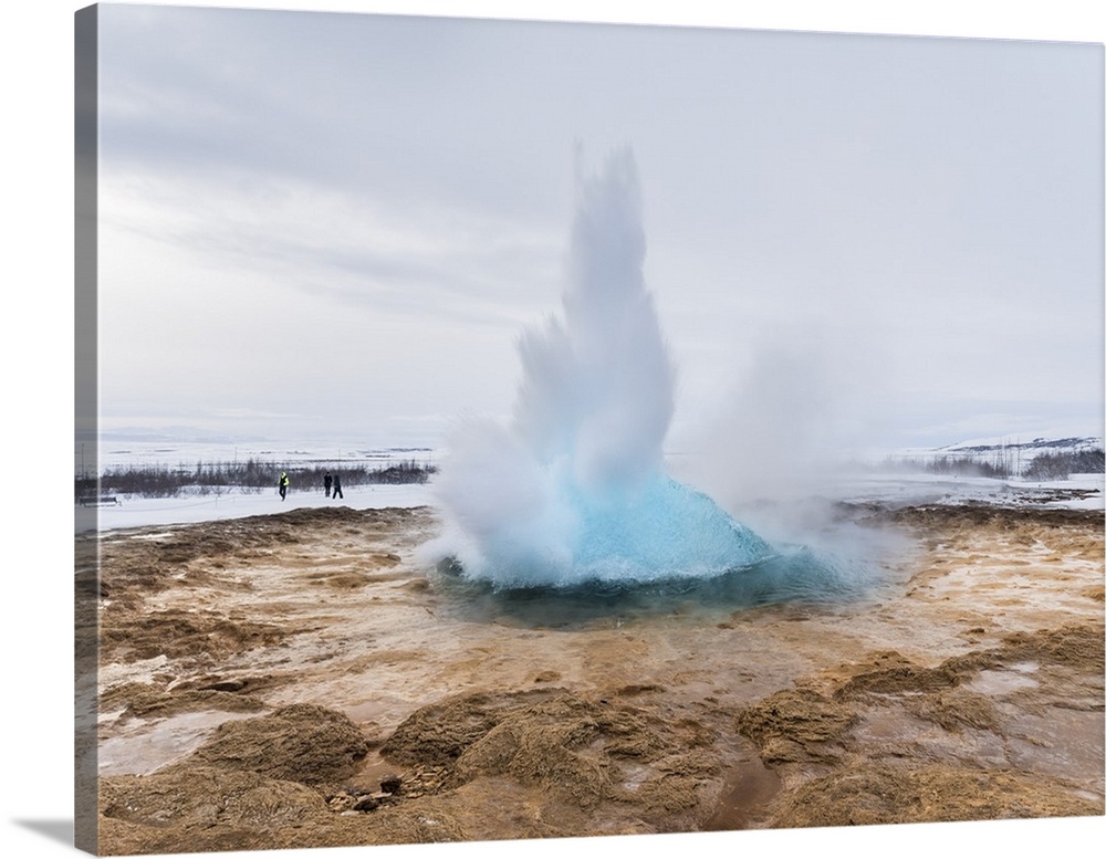The geothermal area Haukadalur, part of the Golden Circle route during winter. Geysir Strokkur. .