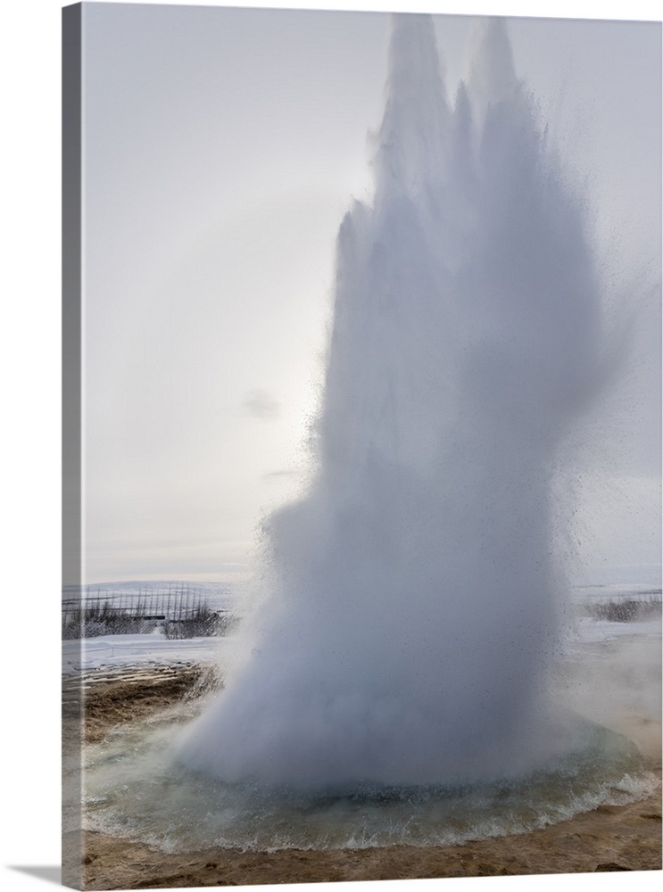 The geothermal area Haukadalur, part of the Golden Circle route during winter. Geysir Strokkur..