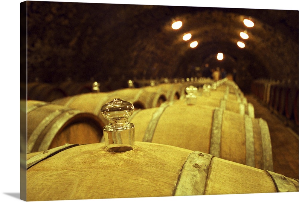 The Kiralyudvar winery in Tarcal: in the underground cellar, rows of barrels with Tokaj wine aging. Traditional glass bung...