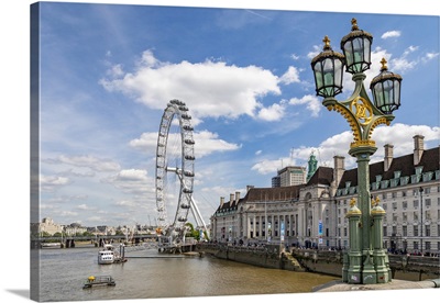 The London Eye And Iconic British Lamppost In London, England