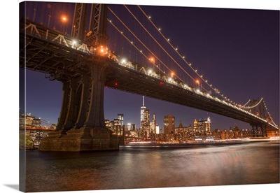 The Manhattan Bridge And Manhattan Skyline In The Evening Light, New York City, New York