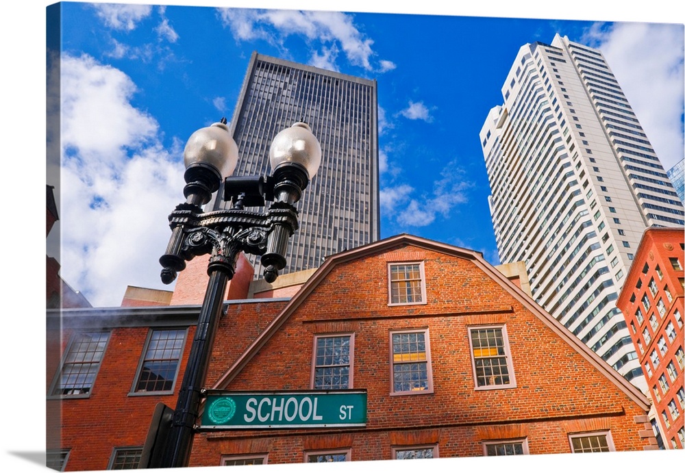 The Old Corner Bookstore on School street (skyscrapers visible), Freedom Trail, Boston, Massachusetts USA