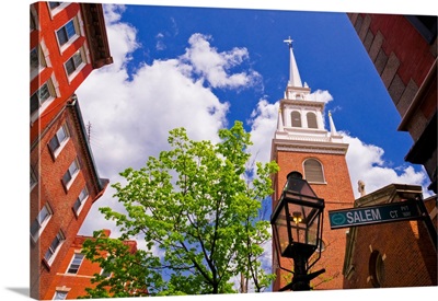The Old North Church and gas street lamp on the Freedom Trail, Boston, Massachusetts USA
