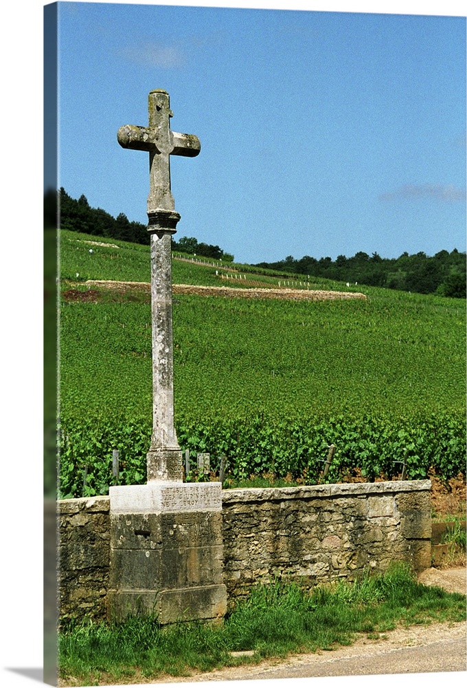The stone cross marking the Romanee Conti and Richebourg vineyards of Domaine de la Romanee Conti in Vosne Romanee, Bourgogne