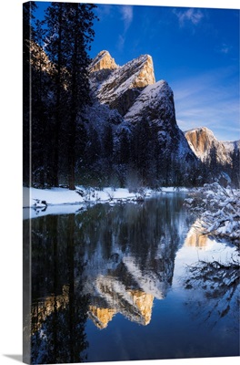 The Three Brothers Above The Merced River In Winter, Yosemite National Park, California