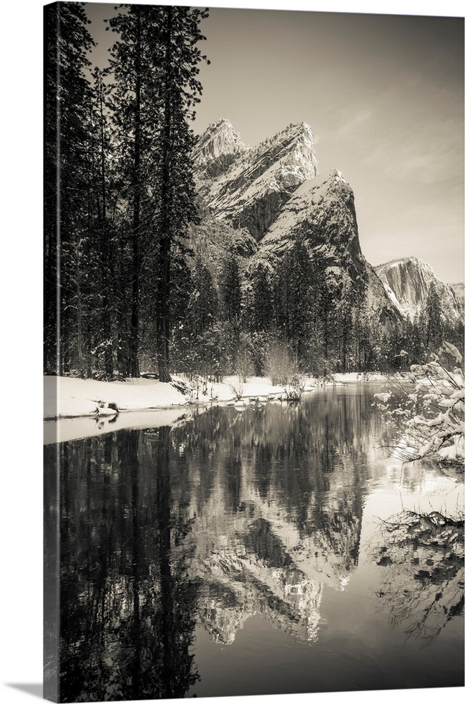 The Three Brothers above the Merced River in winter, Yosemite National Park, California USA.