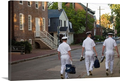Three Male U.S. Navy Cadets Walk Down Street With Historic Homes, Annapolis, Maryland