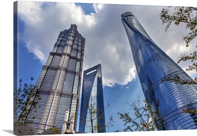 Three Skyscrapers Trees Reflections Liujiashui Financial District Shanghai China