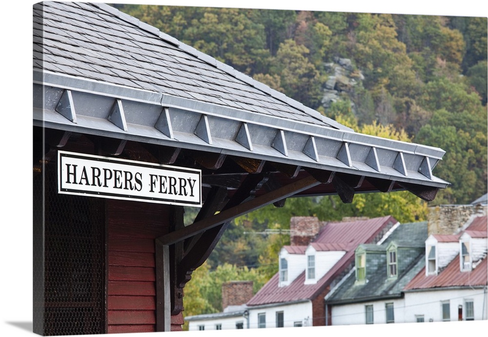 USA, West Virginia, Harpers Ferry. Harpers Ferry National Historic Park, train station sign.