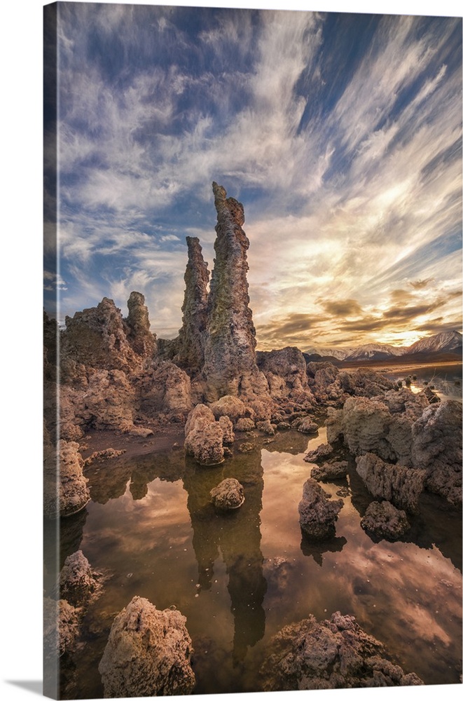 Tufas at sunset on Mono Lake with reflection and sunset colors, Eastern Sierra Nevada Mountains, CA